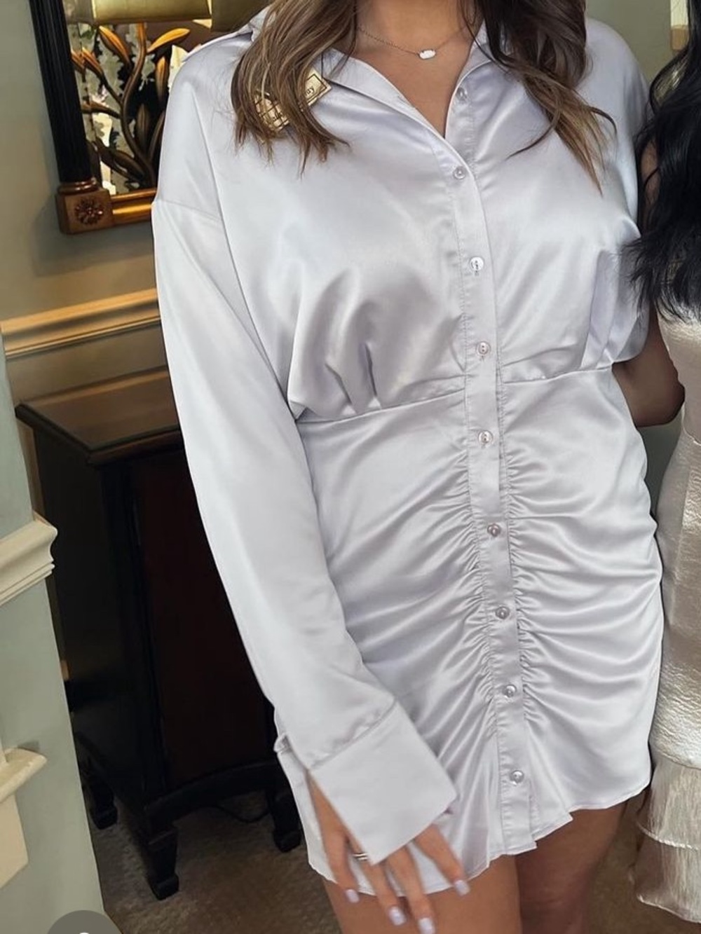ASOS Silver Satin Ruched Shirt Mini Dress